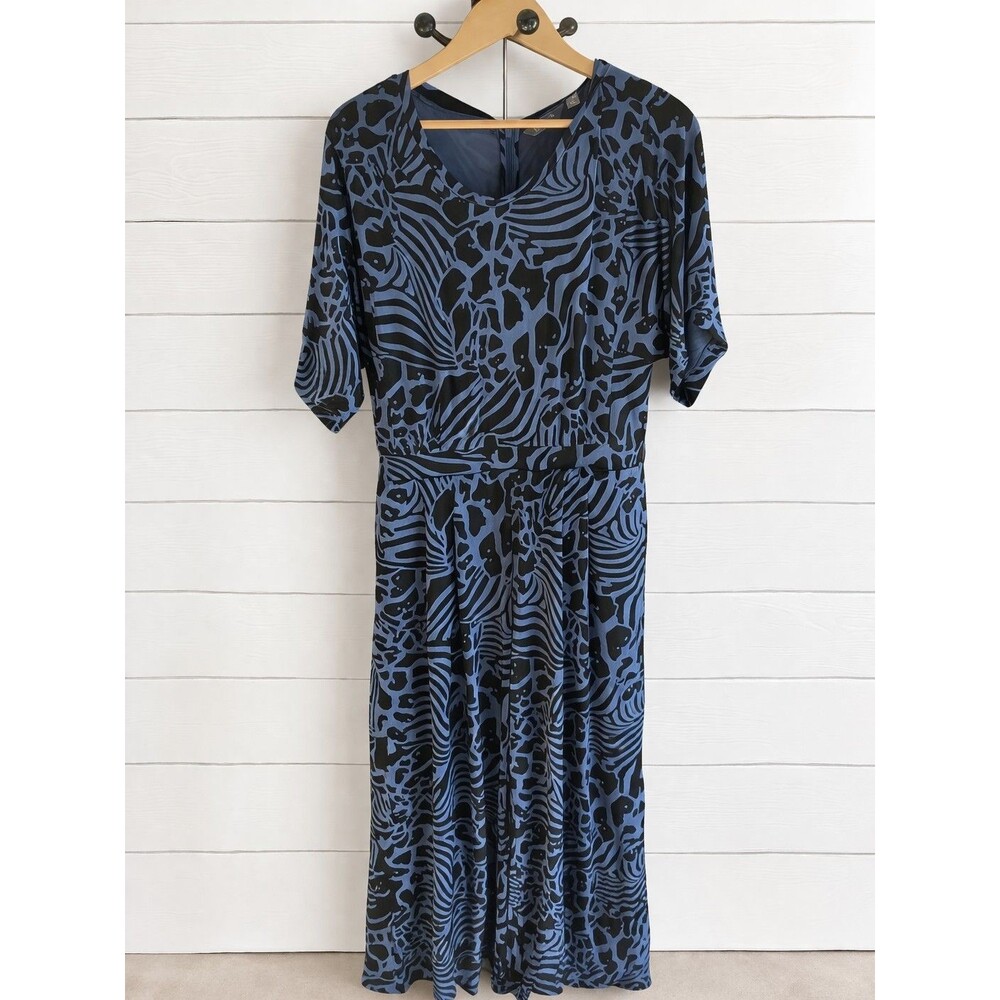 Lisa Rinna 3/4 Sleeve Blue and Black animal print wide leg jumpsuit M